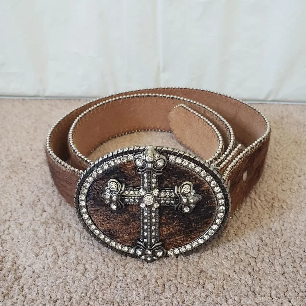 Calf Hair Leather Belt Studded Rhinestone Cross Buckle Studded Brown Size Med